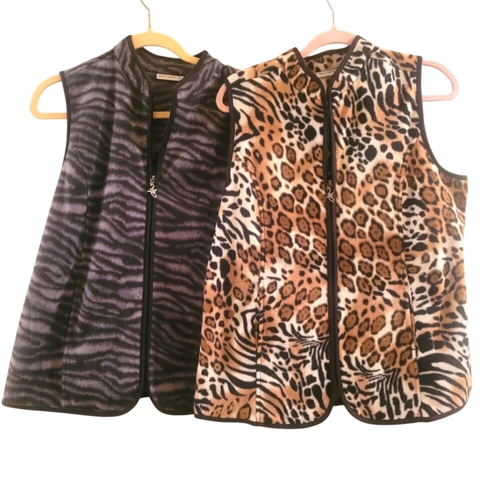 Susan Graver Womens Animal Print Fleece Vests Size M Lot Of 2 Leopard Zebra